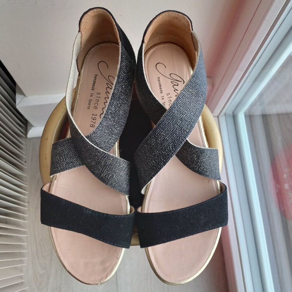 Gaimo Nover Black Suede Metallic Elastic X Band Low Wedge Espadrilles 38 / 7-7.5